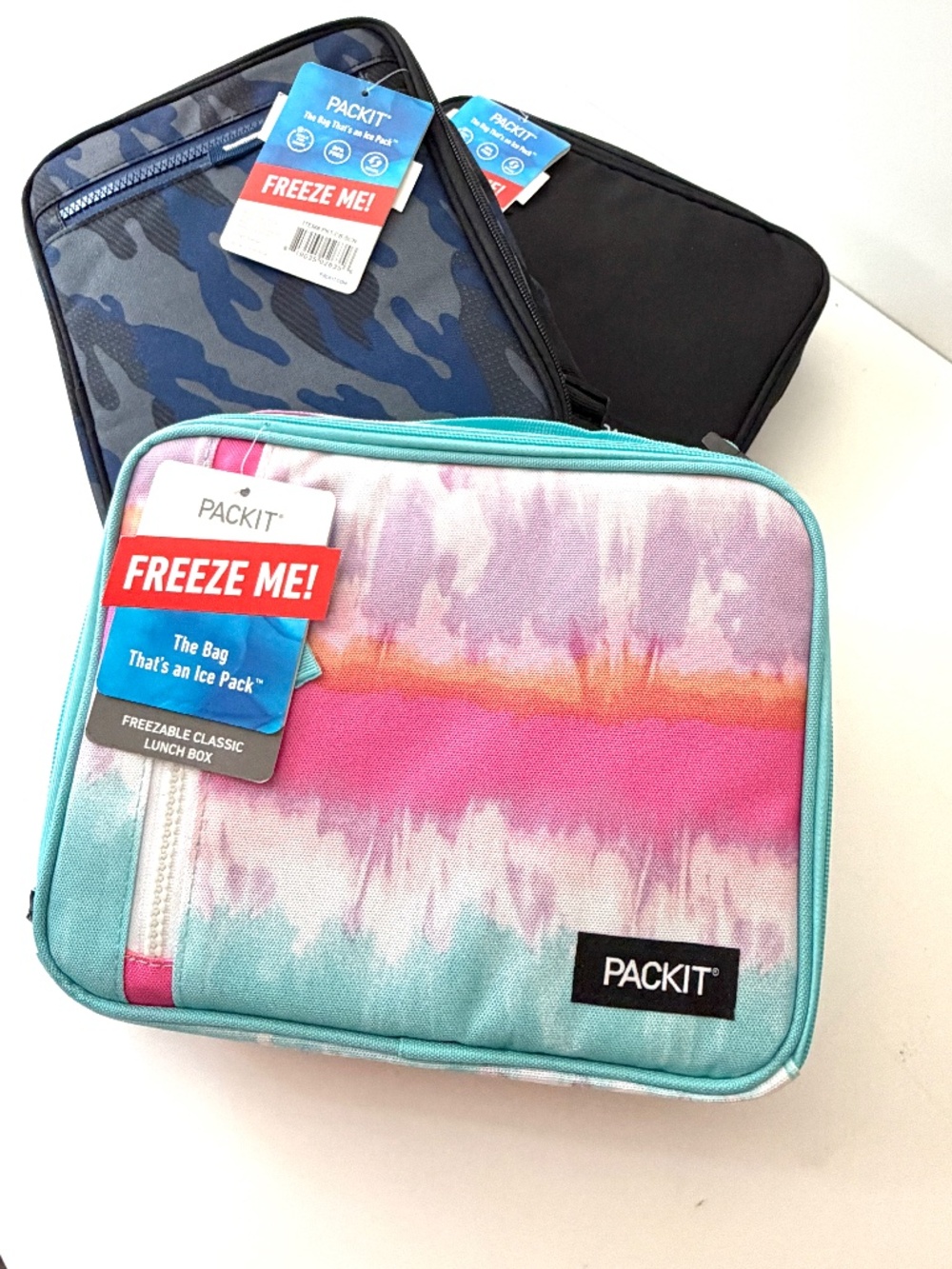 NWT PACKIT Freezable Classic Lunch Box Cooler Bag 3-Pack Lot Camo/Tie Dye/Black